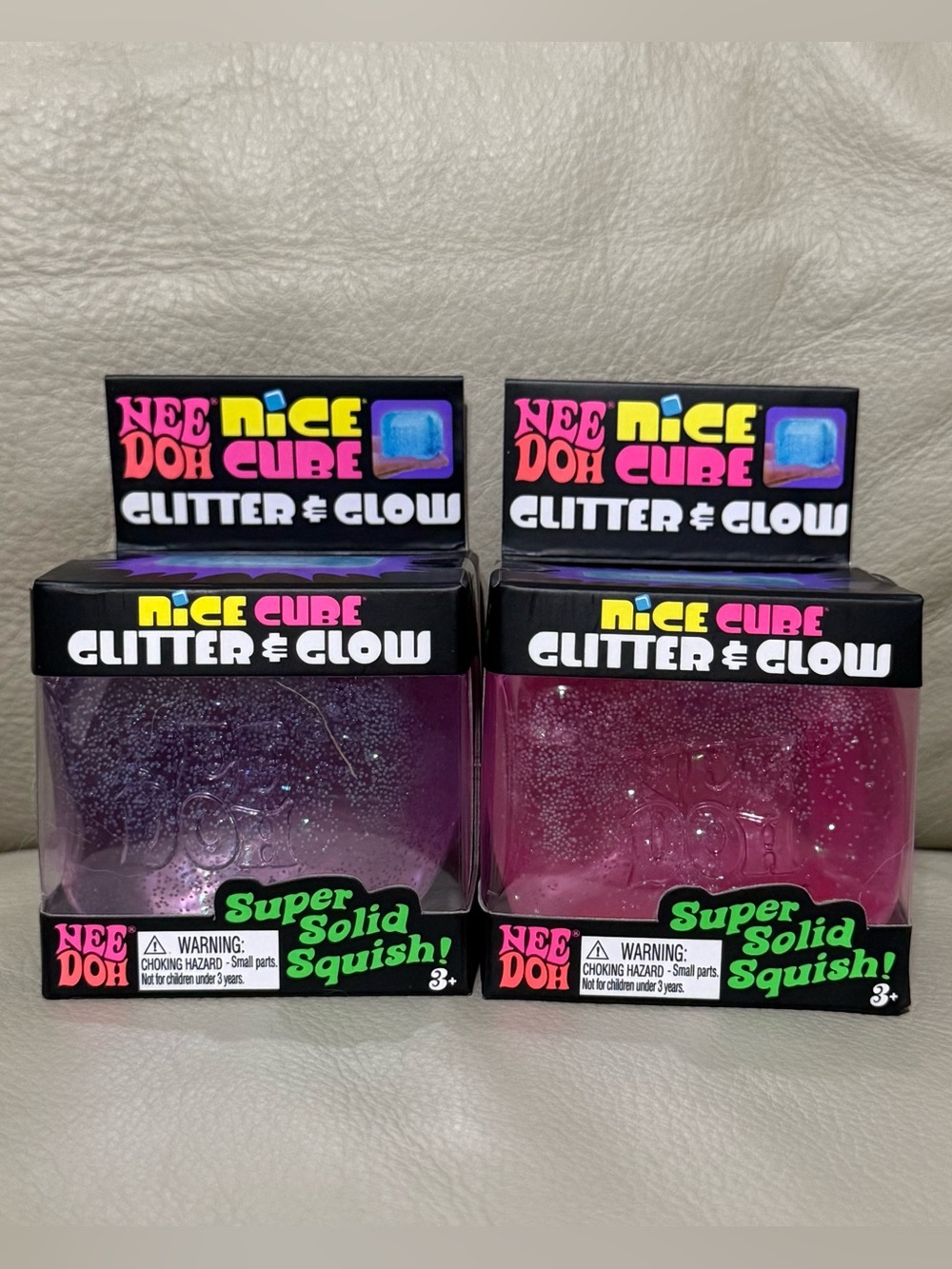 2 NeeDoh Glitter & Glow Nice Cube Super Solid Squish PURPLE PINK Squishy
